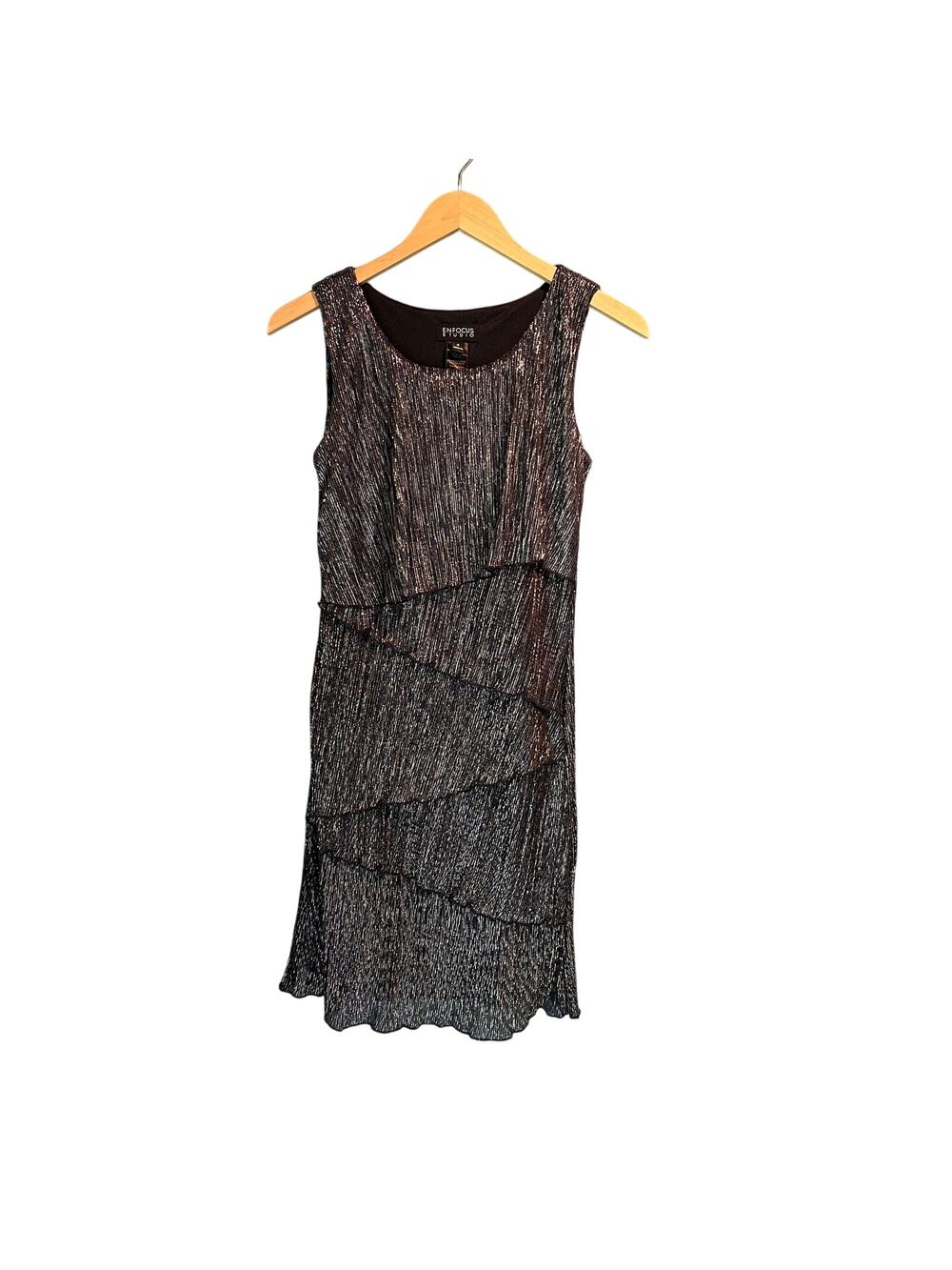 Enfocus Studio Size 4 Navy Silver Tier Ruffle Dress Comfy Dressy Event Stretchy